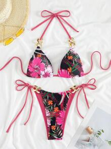 SHEIN Swim Summer Women Floral Printed Bikini Set With Metal Chain Neck Strap, Simple And Fashionable, Ideal For Vacation - Multicolor - View 3