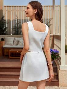 GENKIRA 2pcs/Set Summer Loose Button Decor Tank Top And Mini Skirt - White - View 2