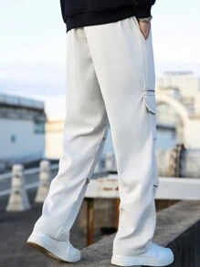 Manfinity Homme Loose Men Leisure Straight-Leg Pants With Zipper, Men Streetwear Cargo Pants, Men Casual Pants With Pockets, Fall - White - View 2