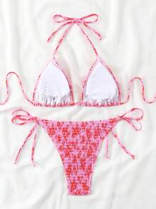 SHEIN Swim 女士夏季海灘花印露背比基尼套裝，適用於度假，印花隨機 - 粉色 - 查看 2