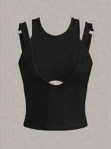 SHEIN ICON 交錯和交叉設計的修身大尺碼背心 - 黑色 - 查看 3