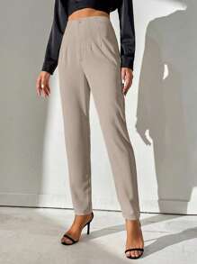 SHEIN Tall 纯色高腰锥形休闲裤 - 卡其色 - 查看 7