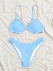 SHEIN Swim Bộ bikini thêu khoét rỗng dây mảnh màu trơn có gọng, đi biển mùa hè - Màu xanh nhạt - Xem 5