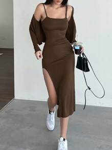 INAWLY 女性優雅分割連身緊身鈎花連身裙和短款前開式外套兩件套 - 巧克力棕 - 查看 6