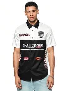 Forever 21 Men's Short Sleeve Shirt With MOTO APPLIQUE Pattern