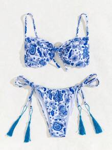 SHEIN Swim Summer Plant Print Bikini Set With Side Tie Knot - Multicolor - View 8