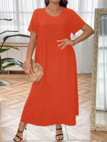 SHEIN LUNE Vestido holgado de manga corta, de color liso, informal, para tallas grandes, para verano - Naranja - Ver 5