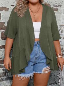 SHEIN LUNE Plus Size Màu trơn phía trước Áo khoác kimono hở có viền xù cho trang phục mùa hè thông thường - Màu xanh Ô liu - Xem 6