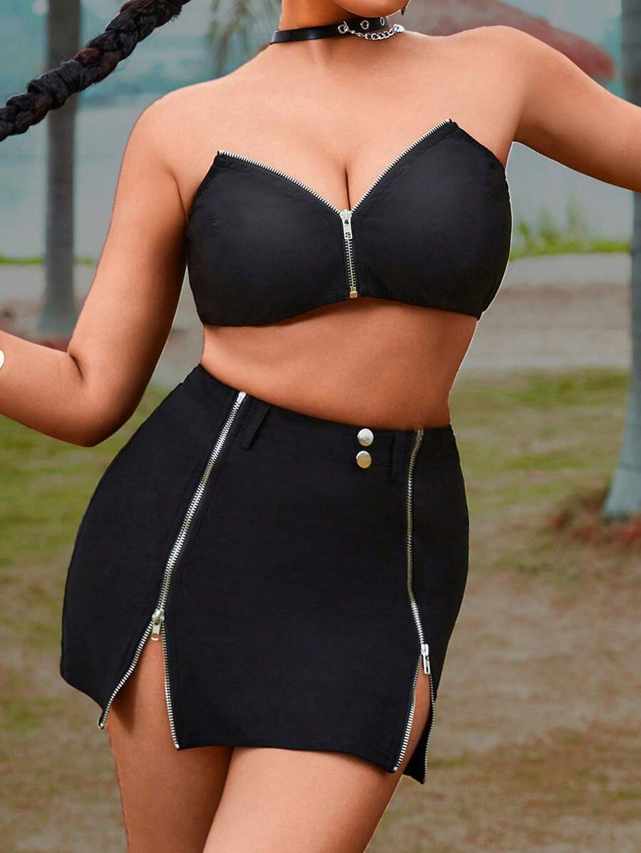 Zolique Women Sexy Split Zipper Strapless Crop Top And Slim Mini Skirt Set For Summer - Black - View 1