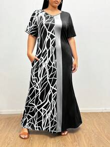 SHEIN LUNE Plus Size V-Neck Loose Casual Daily Wear Short Sleeve Dress With Printed And Patchwork Design - Multicolor - View 3