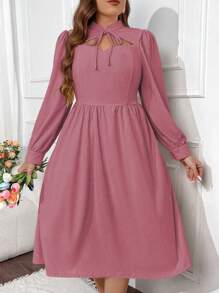 SHEIN Unity Plus Solid Color Romantic Long Sleeve Hollow Out Dress - Pink - View 6