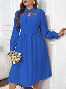 SHEIN Unity Plus Solid Color Romantic Long Sleeve Hollow Out Dress - Blue - View 4