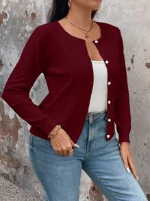 SHEIN LUNE Plus Size Women Fashion Solid Color Long Sleeve Button Front Cardigan For New Year Clothes, For Winter