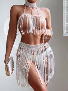 Zolique Women Fashionable Fringe Sparkly Glitter Halter Neck Top And Shorts Set - White - View 1