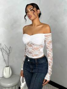 SHEIN BAE Blusa de verano blanca sólida, de manga larga, con hombros descubiertos y con detalles de encaje, romántica y vaporosa, para mujer - Blanco - Ver 5