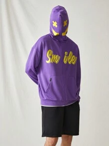 Manfinity VCAY Men Spring And Autumn Casual Hooded Sweatshirt With Zipper And Expression & Letter Print, For Fall Winter - Purple - View 4