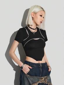 SHEIN EZwear Women's Minimalist Crew Neck Patchwork Short Sleeve Casual Top - Black - View 3