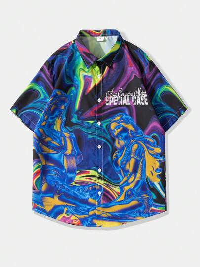 Street Life Camisa de manga corta con estampado floral estilo callejero para hombres, adecuada para uso diario en primavera y verano