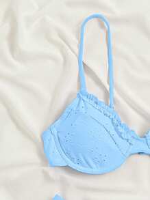 SHEIN Swim Bộ bikini thêu khoét rỗng dây mảnh màu trơn có gọng, đi biển mùa hè - Màu xanh nhạt - Xem 3