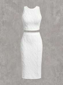 SHEIN EZwear White Knit Sleeveless Crop Top And Side Slit Midi Skirt Set For Women