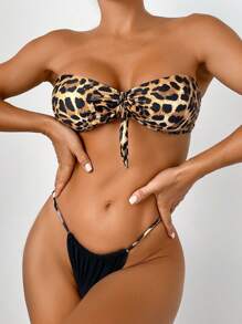 SHEIN Swim Women's Leopard Print Bandeau Bikini Set With Swimwear Bottom, Random Pattern, Suitable For Summer, Beach, Pool - Multicolor - View 5