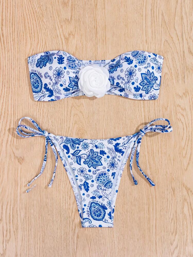 Vintage Style Women Printed Swimwear Set, Random Print Summer