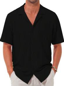 Camiseta casual con mangas cortas y botones de guayabera para hombres, camiseta de moda con textura para la playa en verano - Negro - Ver 4
