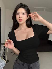 DAZY Square Neck Puff Sleeve Short Tight-Fitting Women T-Shirt Summer Cute Tops Going Out Tops - Black - View 4