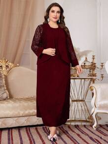 Modelyn Conjunto de 2 piezas de chaqueta con abertura frontal y mangas largas con aplicaciones de encaje en color rojo burdeos y vestido sin mangas, elegante, para tallas grandes, para primavera y otoño