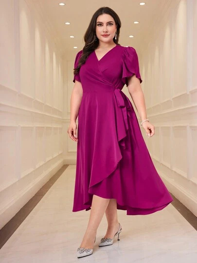 Modelyn Vestido largo de mujer de talla grande con escote en V y dobladillo asimétrico, vestido de invitada de boda, vestido de noche largo