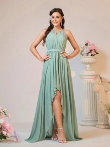 SHEIN Belle Elegante y atmosférico vestido verde judía con cuello halter, fruncido en la cintura alta, efecto estilizador, corte asimétrico en A, versátil para bodas formales, eventos, al aire libre, jardín o interior, vestido de dama de honor (adulto) - verde menta - Ver 4