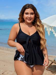 SHEIN Swim Curve Plus Size Summer Beach Vacation Simple Solid Top And Tropical Plant Print Brief Tankini Set - Black and White - View 2