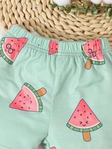 SHEIN Baby Boys' 2pcs Casual Watermelon Print Short Sleeve Bodysuit With Shorts Set, Home Clothes