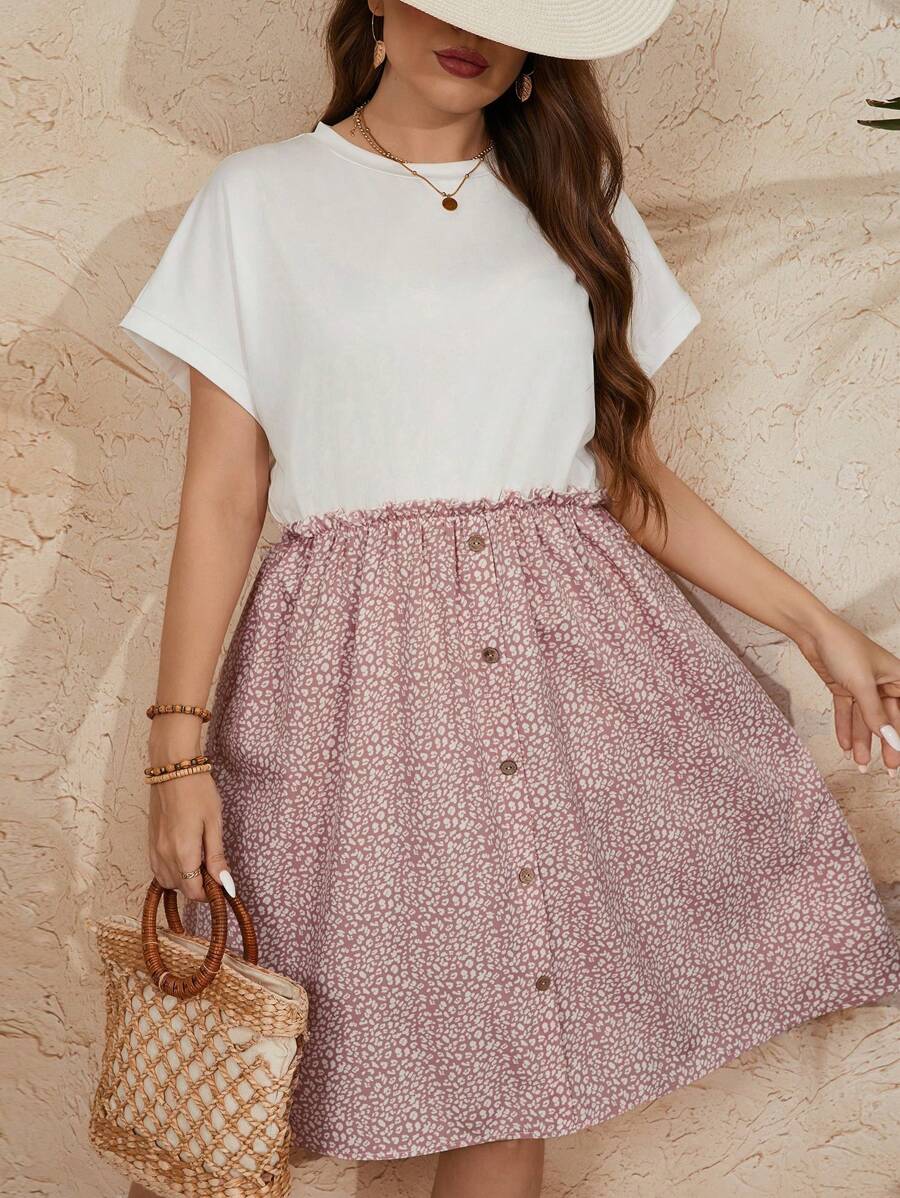 SHEIN LUNE Đầm mùa hè cỡ lớn vừa vặn với tay áo cánh dơi, chấm bi và in hình chắp vá, trang trí nút - Đỏ và trắng - Xem 1