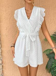 SHEIN VCAY Women Summer V-Neck Criss-Cross Wrap Belted Jumpsuit - White - View 4