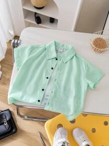 SHEIN Young Boy 1pc Casual College Style Back Slogan Graphic Shirt, Comfortable Breathable Linen Fabric, Suitable For Spring And Summer