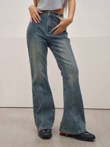 Dazy Designer Quần jean ống loe chắp vá được giặt sạch dành cho nữ với vẻ ngoài cổ điển - Màu xanh lam - Xem 7