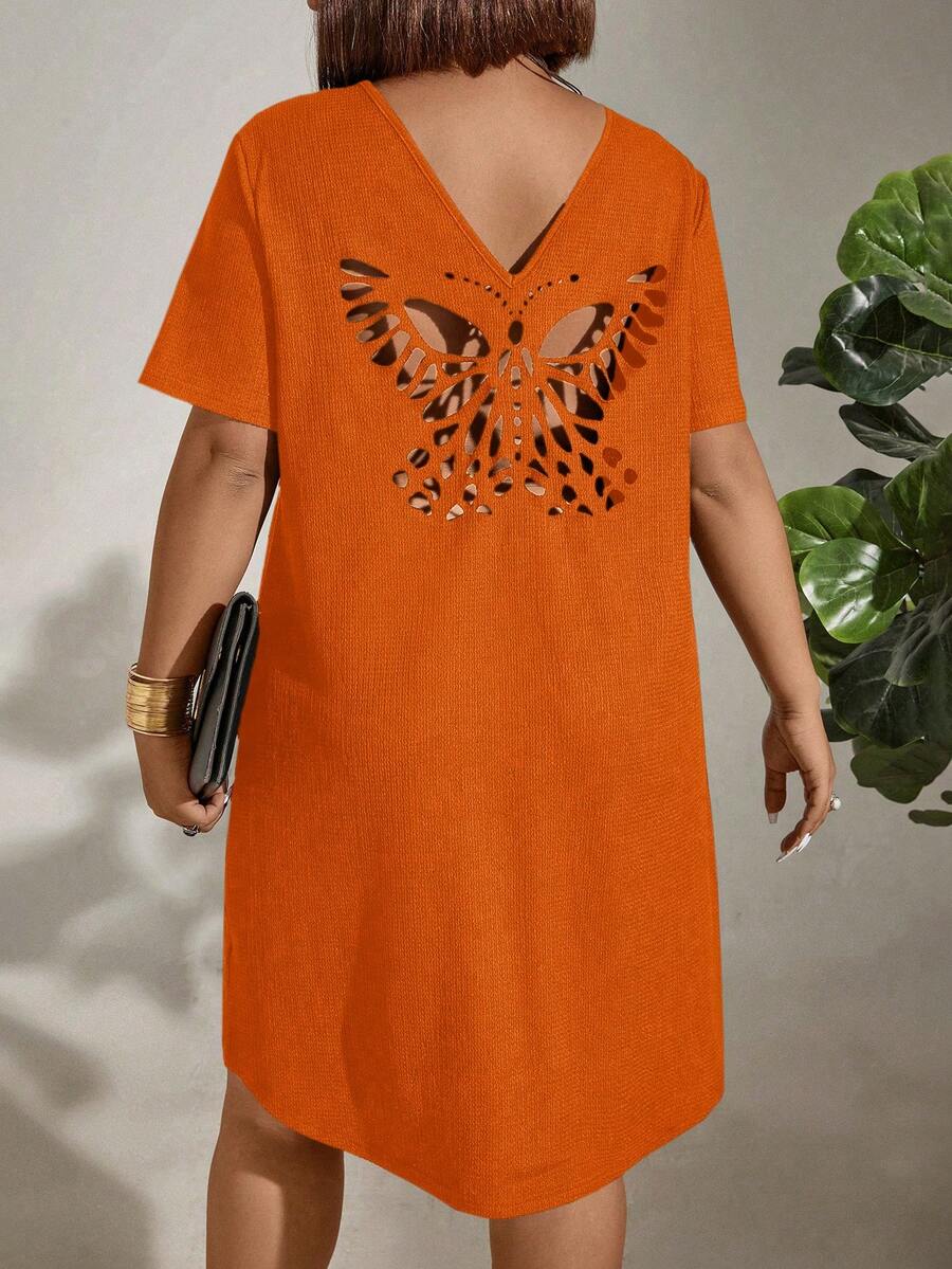 SHEIN Clasi 大尺碼女性時尚大蝴蝶印花連衣裙 - 橘色 - 查看 1