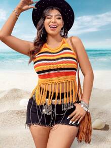 SHEIN Clasi Plus Size Knitted Top With Tassel Hem, Knot Back, Striped Pattern And Halter Neck - Multicolor - View 3