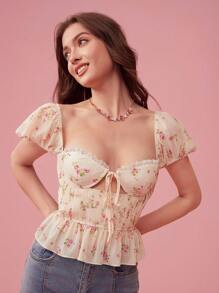 Enchnt Women Summer Sweetheart Collar Floral Print Front Tie Shirt