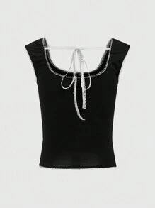 ROMWE Kawaii Camiseta Decorada Con Lazo Y Tira Trasera Para Mujer - Negro - Ver 2