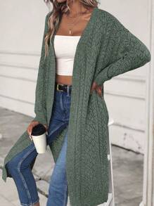 EMERY ROSE 女士时尚纯色镂空长袖休闲开衫、长袖上衣 - 綠色 - 查看 6