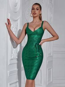 Gold Embossed V-Neck Spaghetti Strap Bandage Dress For Dance Party - Dark Green - View 5