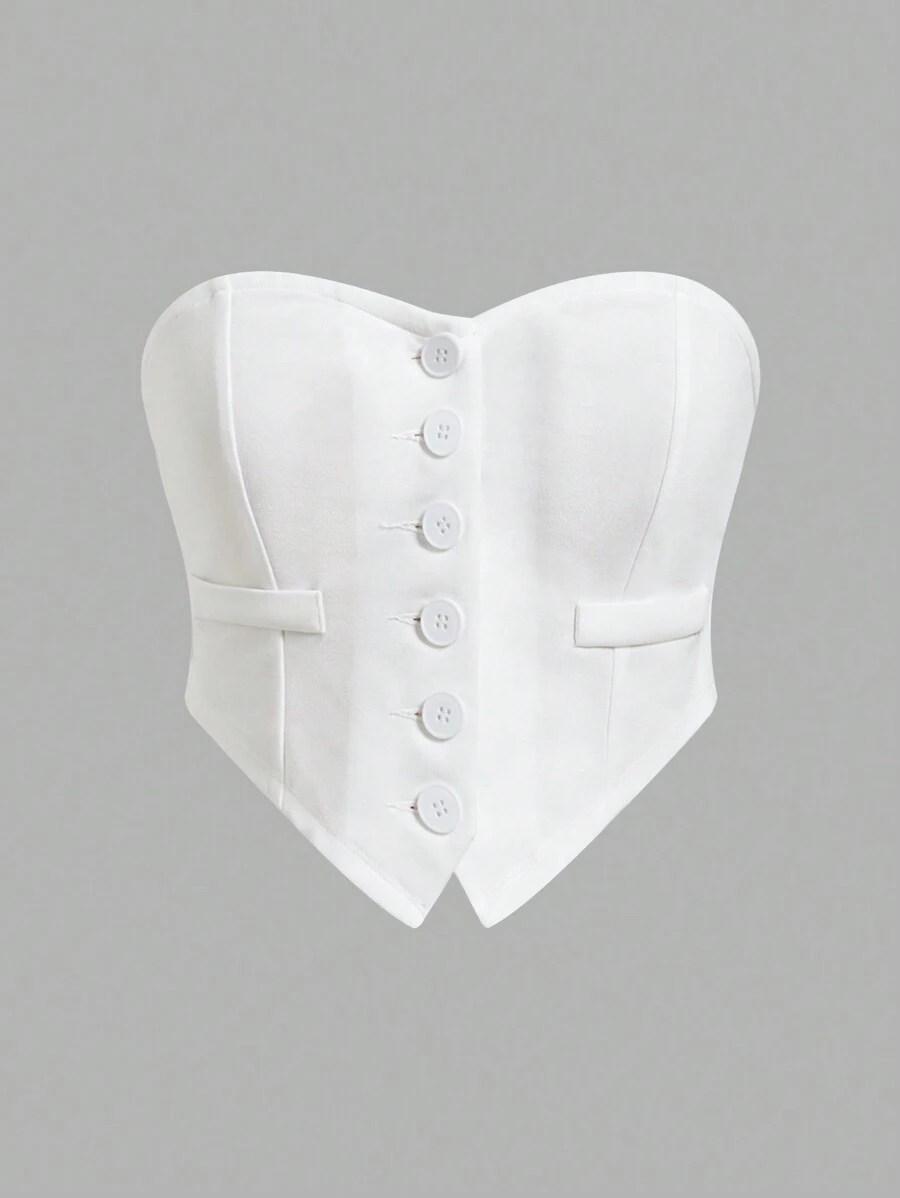 Firerie Women's Commuting Asymmetrical Hem Tight White Tube Top. Summer Top With Center Front Buttons. Suitable For Commuting Style, Music Festivals, Graduation Wear - White - View 1