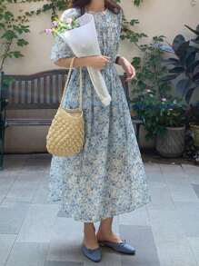 DAZY 女士時尚優雅而甜美的花卉印花裙 - 藍色 - 查看 4