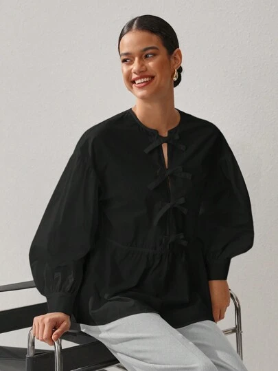 Oxana Designer Women's Business Casual Spring/Summer Casual Solid Color Lantern Sleeve Blouse With Bow Decoration, Cotton, For Holiday, Vacation, Beach, Festival, Ibiza Fits, Office
