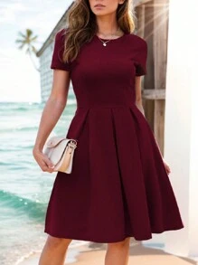 Đầm xòe kiểu vintage màu trơn dành cho nữ, thích hợp cho tiệc cocktail, phong cách thường ngày mùa hè và thanh lịch. - Màu Đỏ Sâu - Xem 5