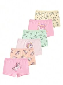 少女6入組實色馬卡龍彩色內褲，印有獨角獸和兔子圖案 - 彩色 - 查看 1