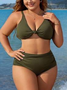 SHEIN Swim Curve Summer Beach Plus Size Solid Color Ruched Bra & Bikini Set Bottom Beach Two-Piece Bikini Set