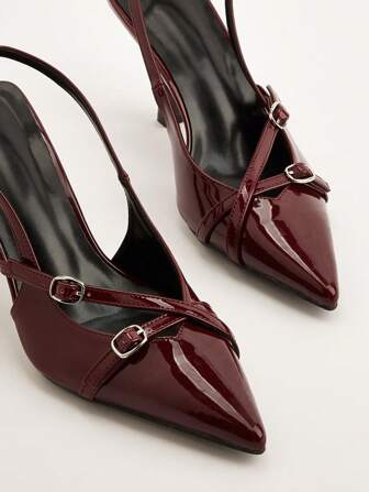 Höst/Vinter 2025 Sexiga Vinröda Korsband Spänne Stilettklackade Sandaler Med Spetsig Tå För Bröllopsfest Alla Hjärtans Dag, Kitten Heels, Elegant, Dampumps, Elegant